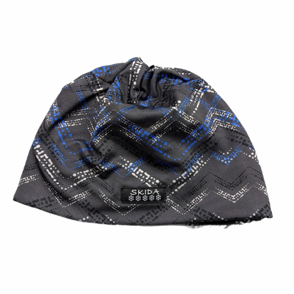 Skida Alpine Hat Fleece Lined Beanie Black Blue Geometric Chevron Made in USA